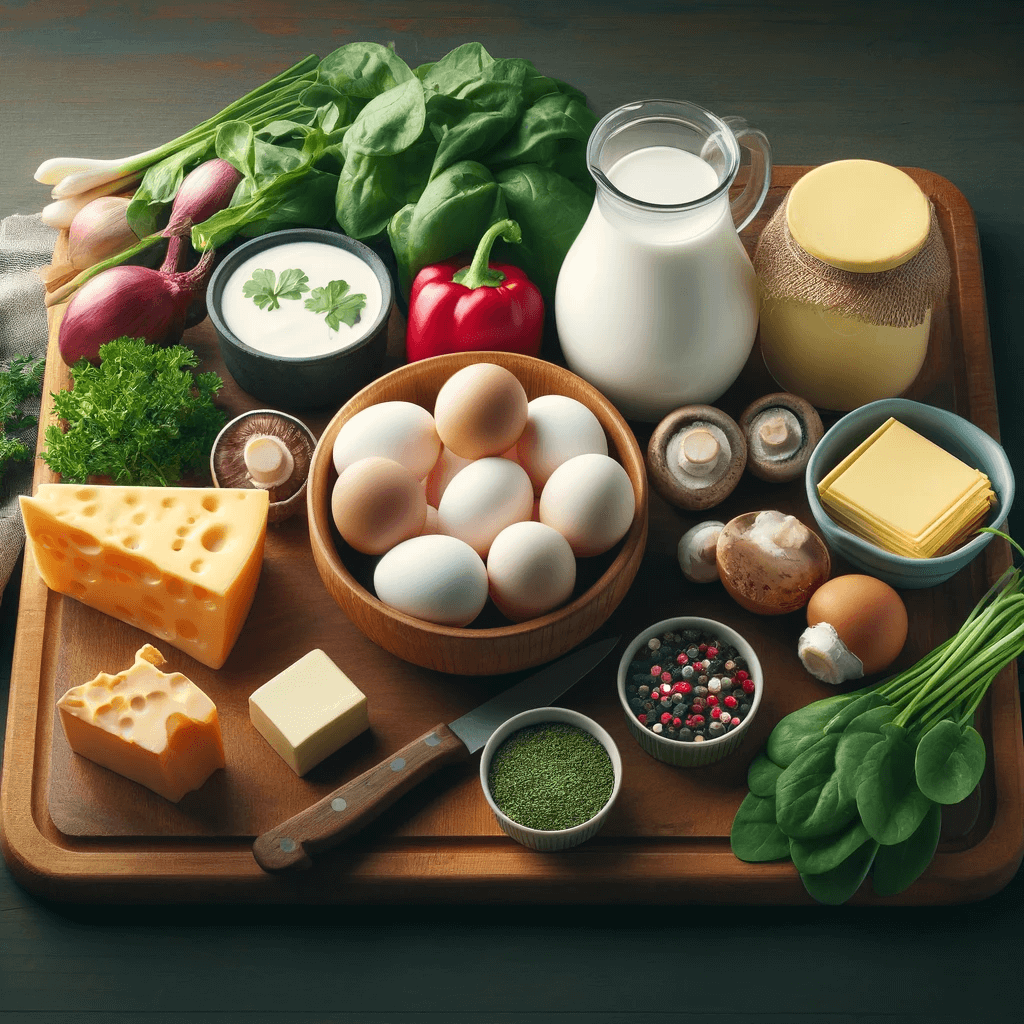 Various ingredients used in the preparation of omelettes.