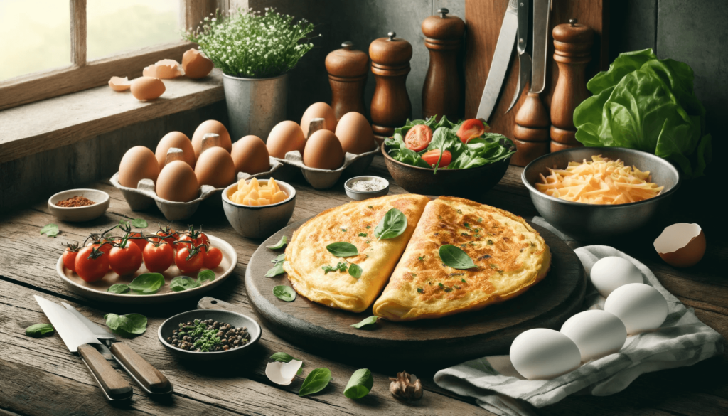 An omelette and various ingredients sitting on a table.