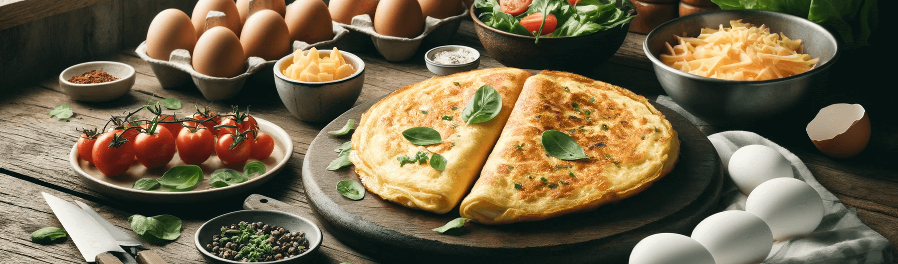 An omelette and various ingredients sitting on a table.