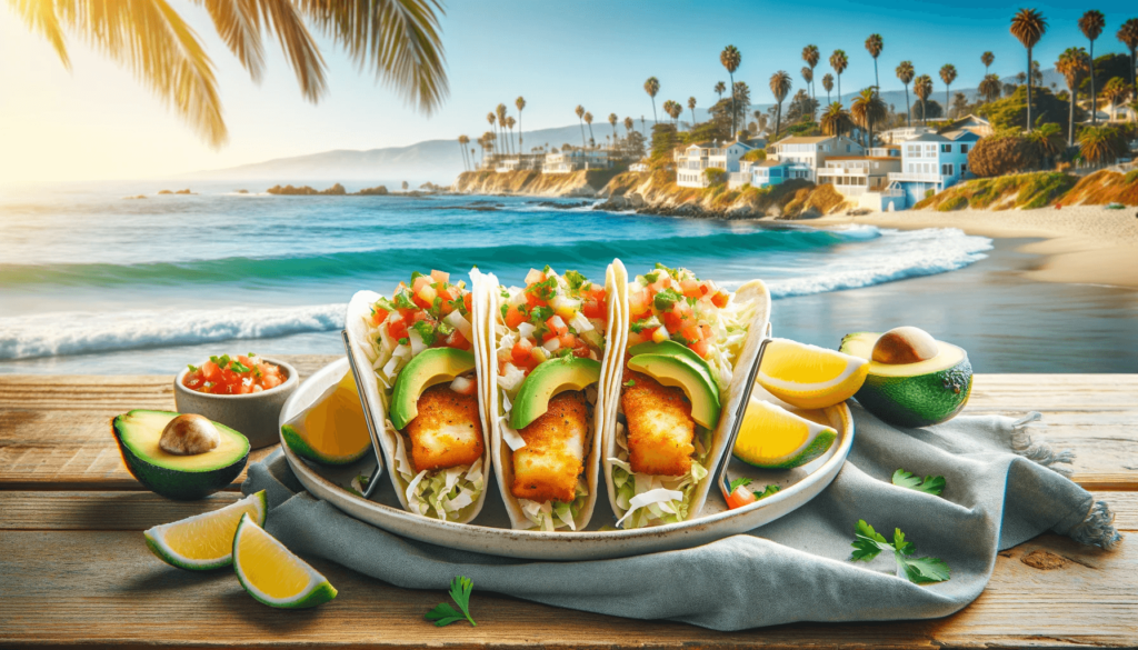 A plate of fish tacos on a beach.