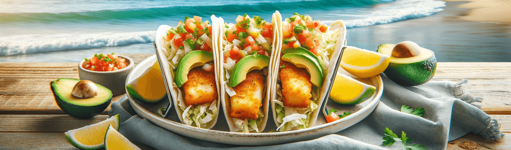 A plate of fish tacos on a beach.