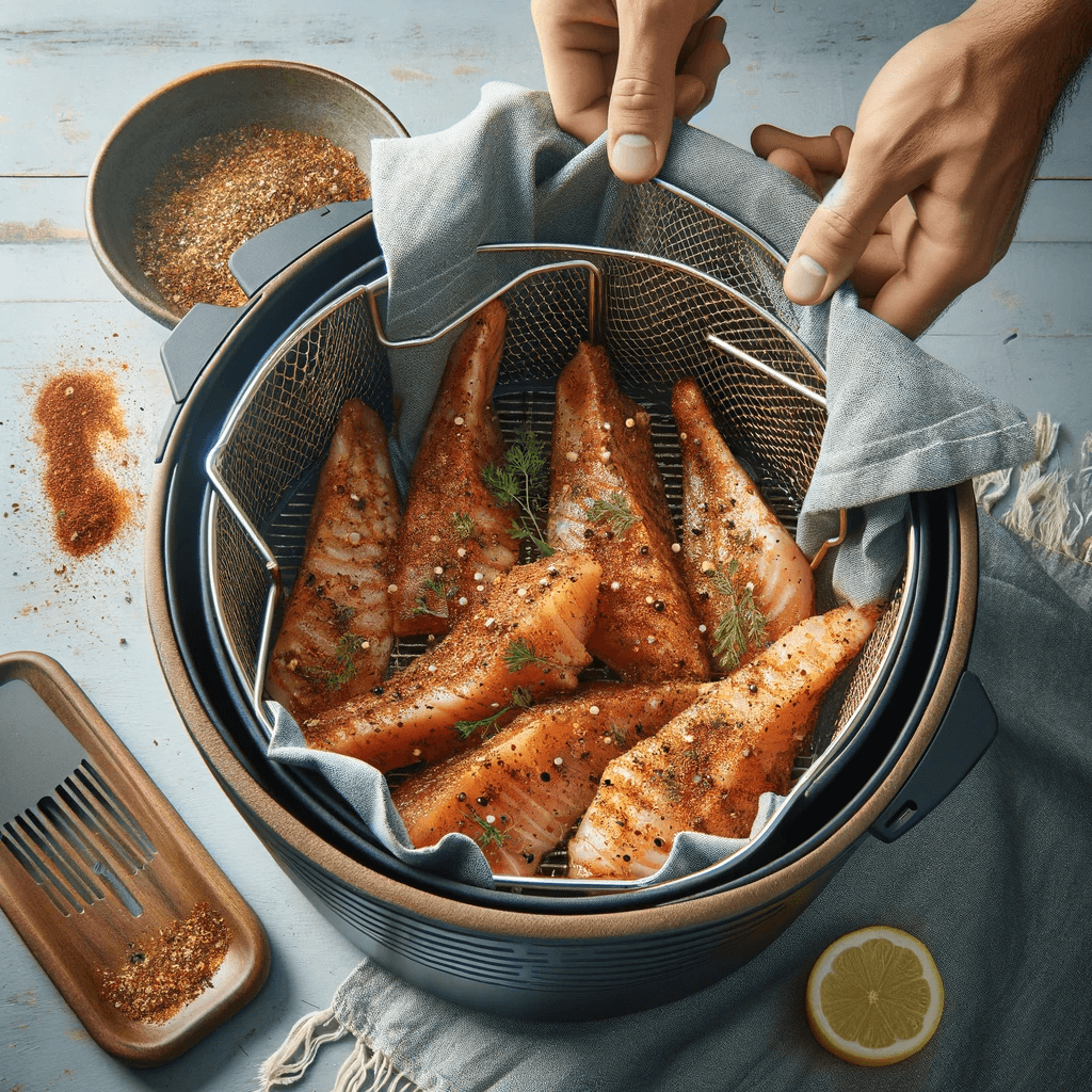 A person preparing to cook fish tacos.