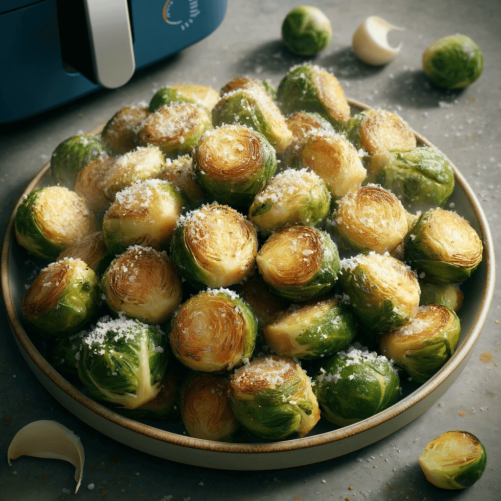 A plate of Brussels sprouts that were cooked in an air fryer.