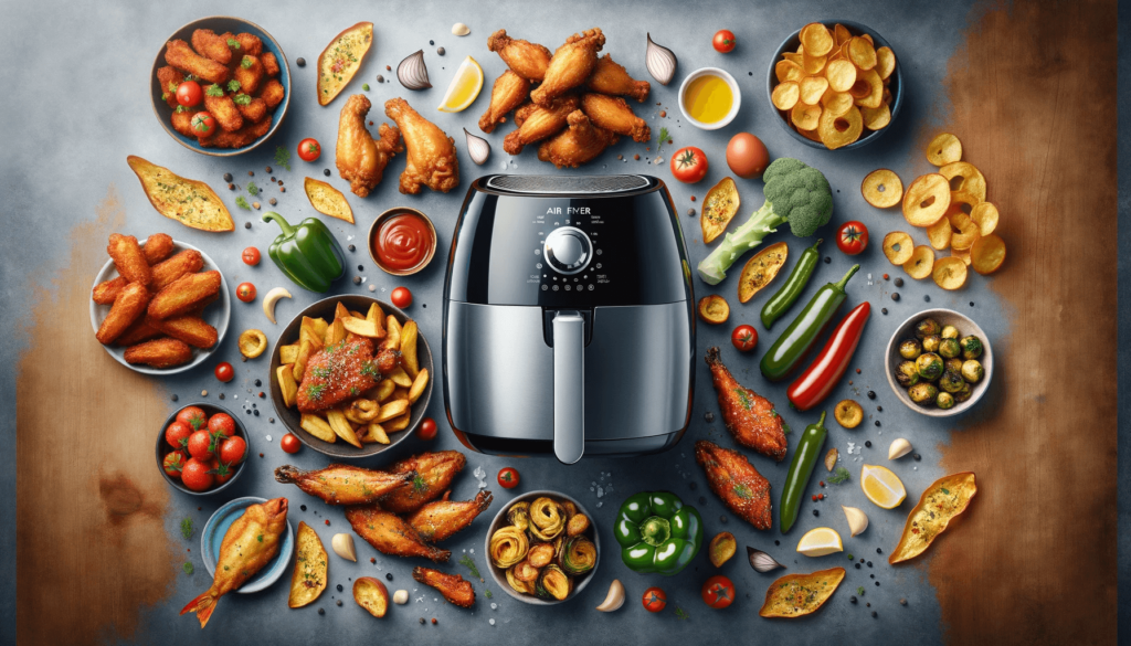 An air fryer surrounded by various ingredients.