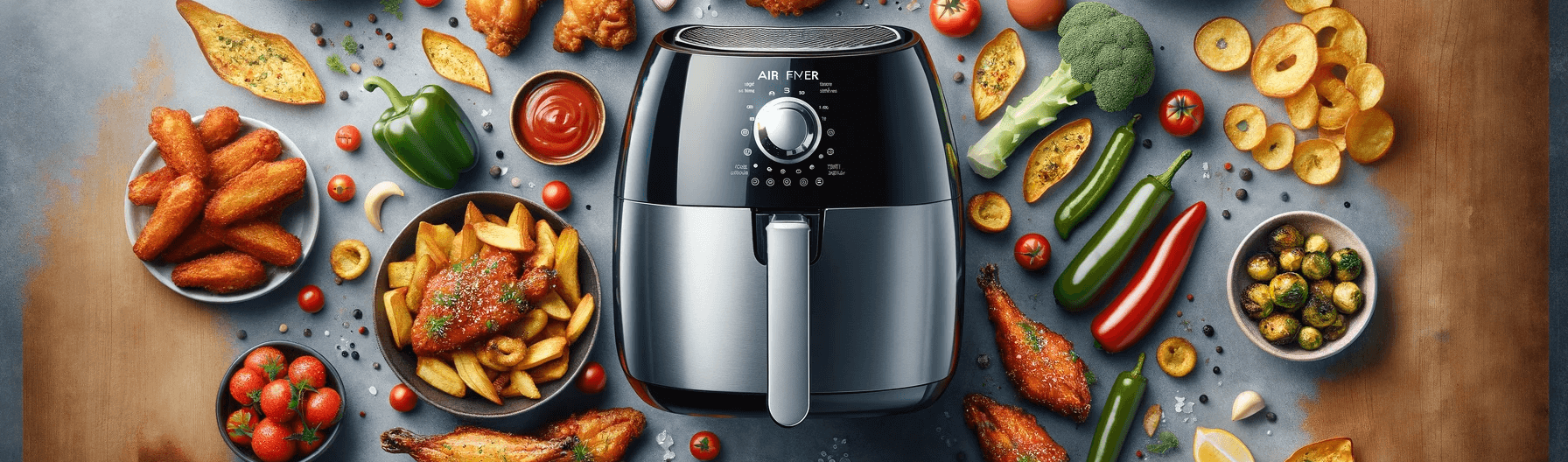 An air fryer surrounded by various ingredients.