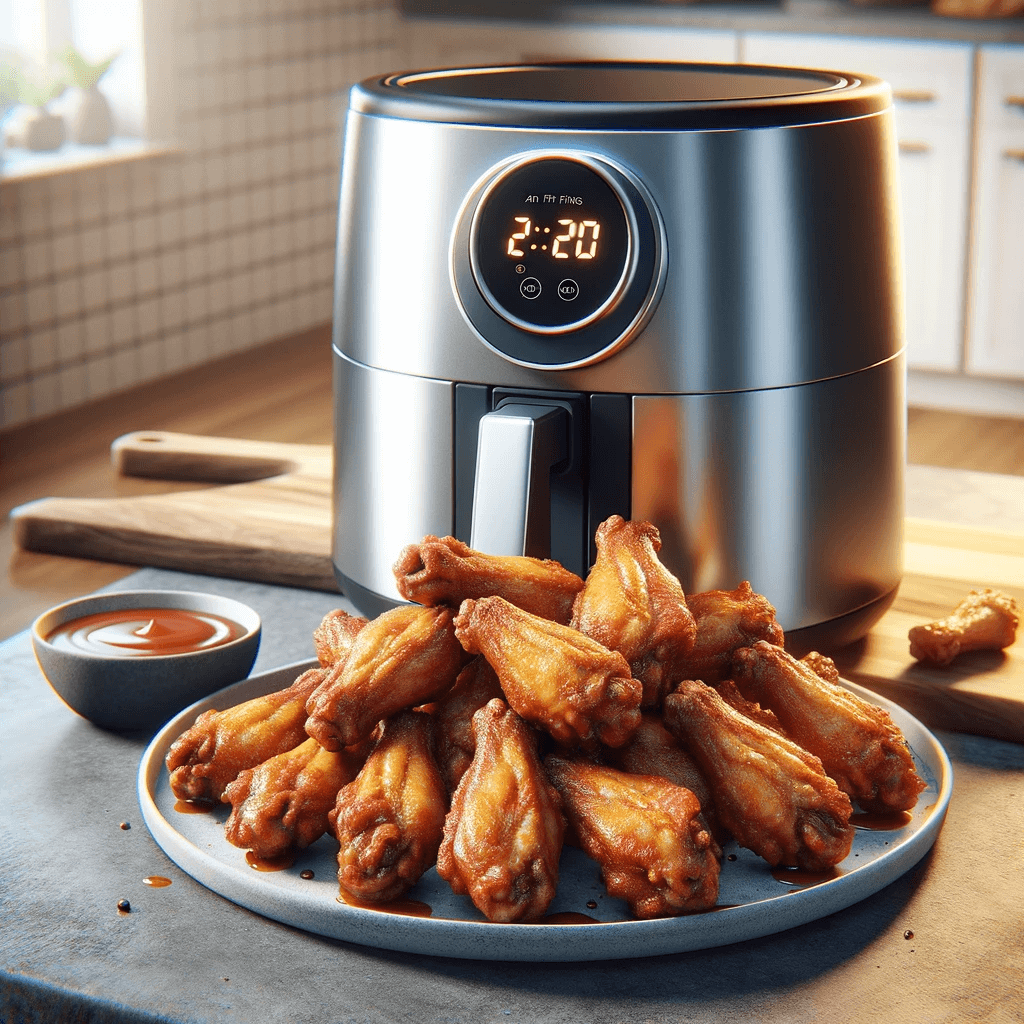 An air fryer with a plate of chicken wings in front of it.