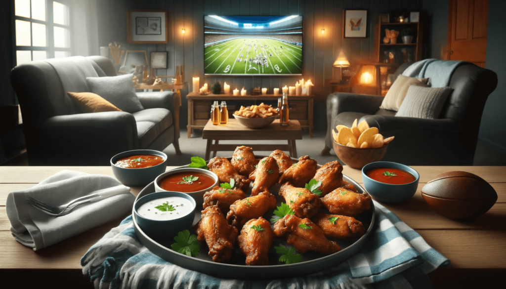 A plate of chicken wings in a comfortable living room.