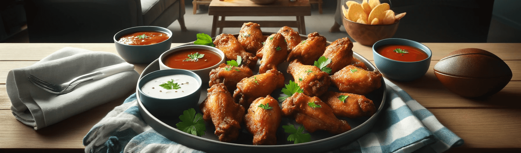 A plate of chicken wings in a comfortable living room.