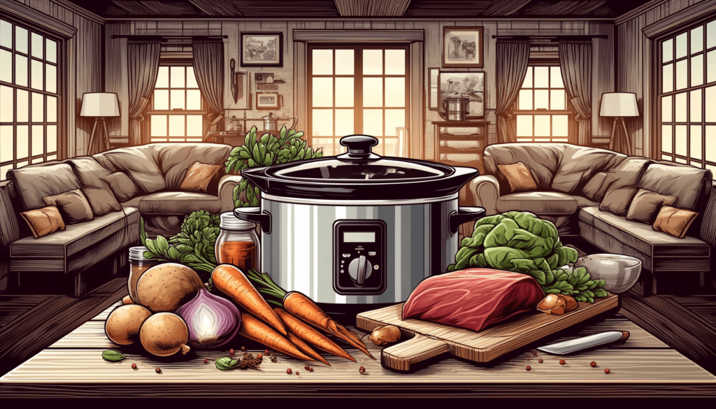 An illustration of a slow cooker surrounded by various ingredients.