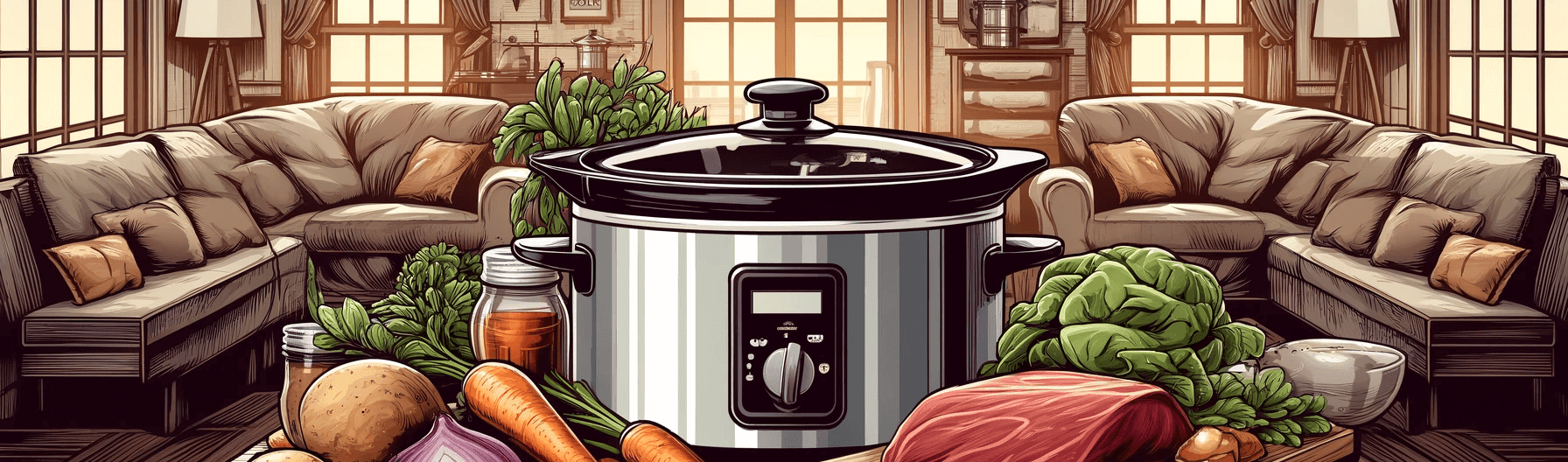 An illustration of a slow cooker surrounded by various ingredients.