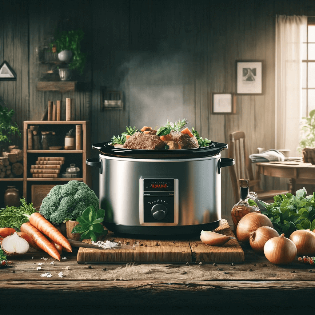 A slow cooker surrounded by various ingredients.