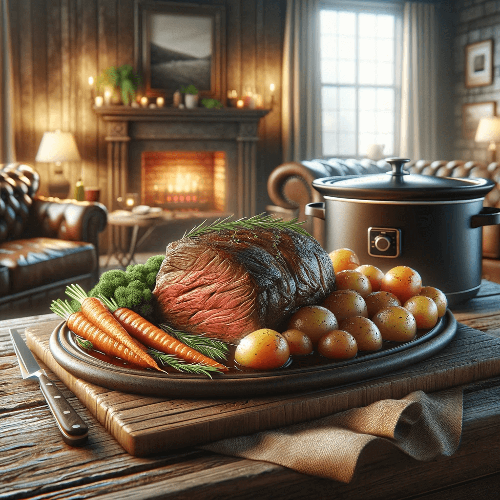 A pot roast on a plate with a side of potatoes and carrots.