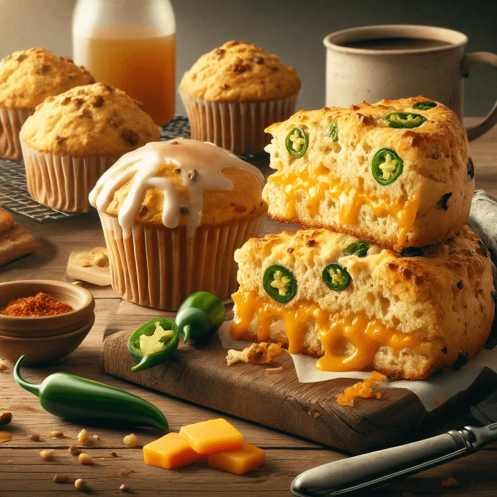 A table with scones and muffins on it.