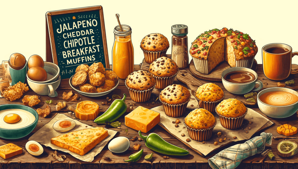 A table with muffins, eggs, coffee and various breakfast ingredients on it.