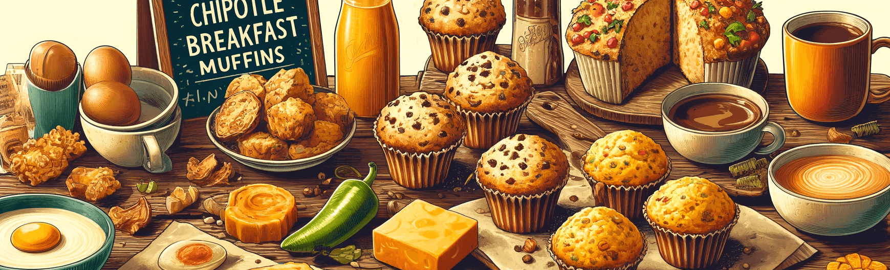 A table with muffins, eggs, coffee and various breakfast ingredients on it.