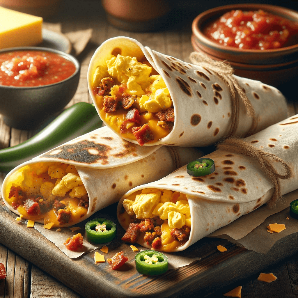 Three spicy breakfast burritos.