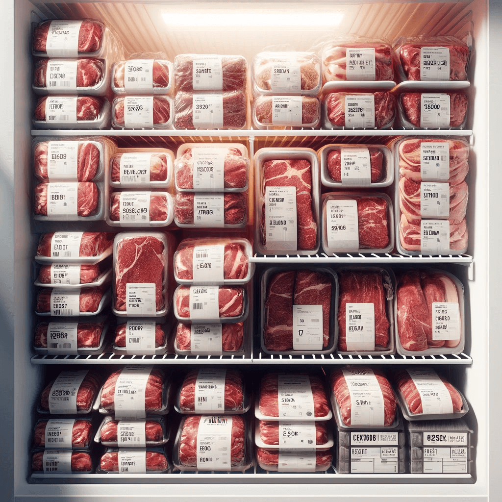 A refrigerator stocked with beef.