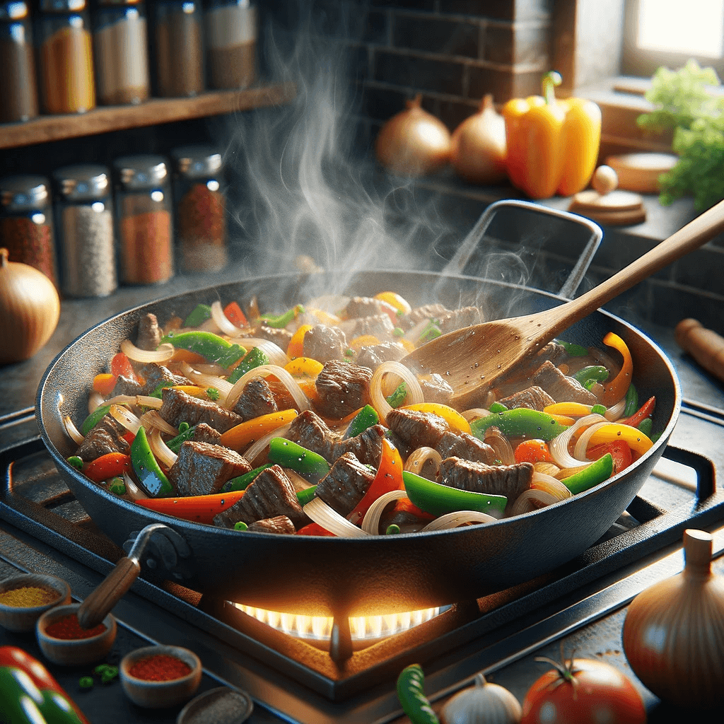 A beef stir-fry being prepared on the stove.