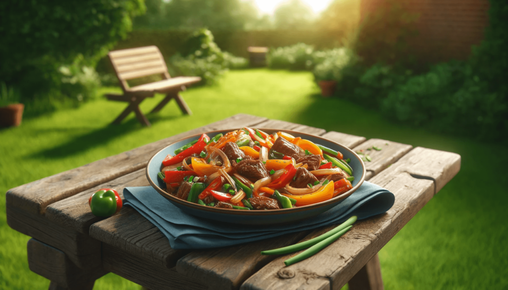 A plate of beef and vegetables on an outdoor table.