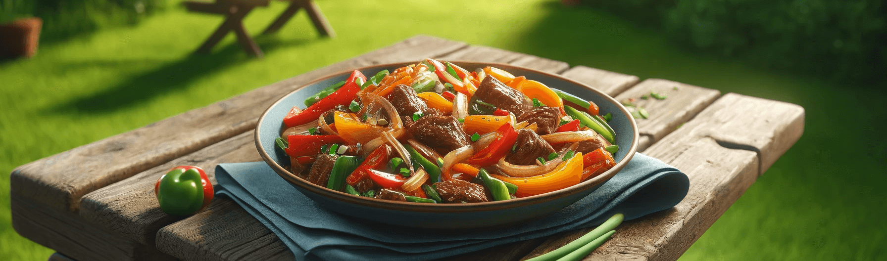 A plate of beef and vegetables on an outdoor table.