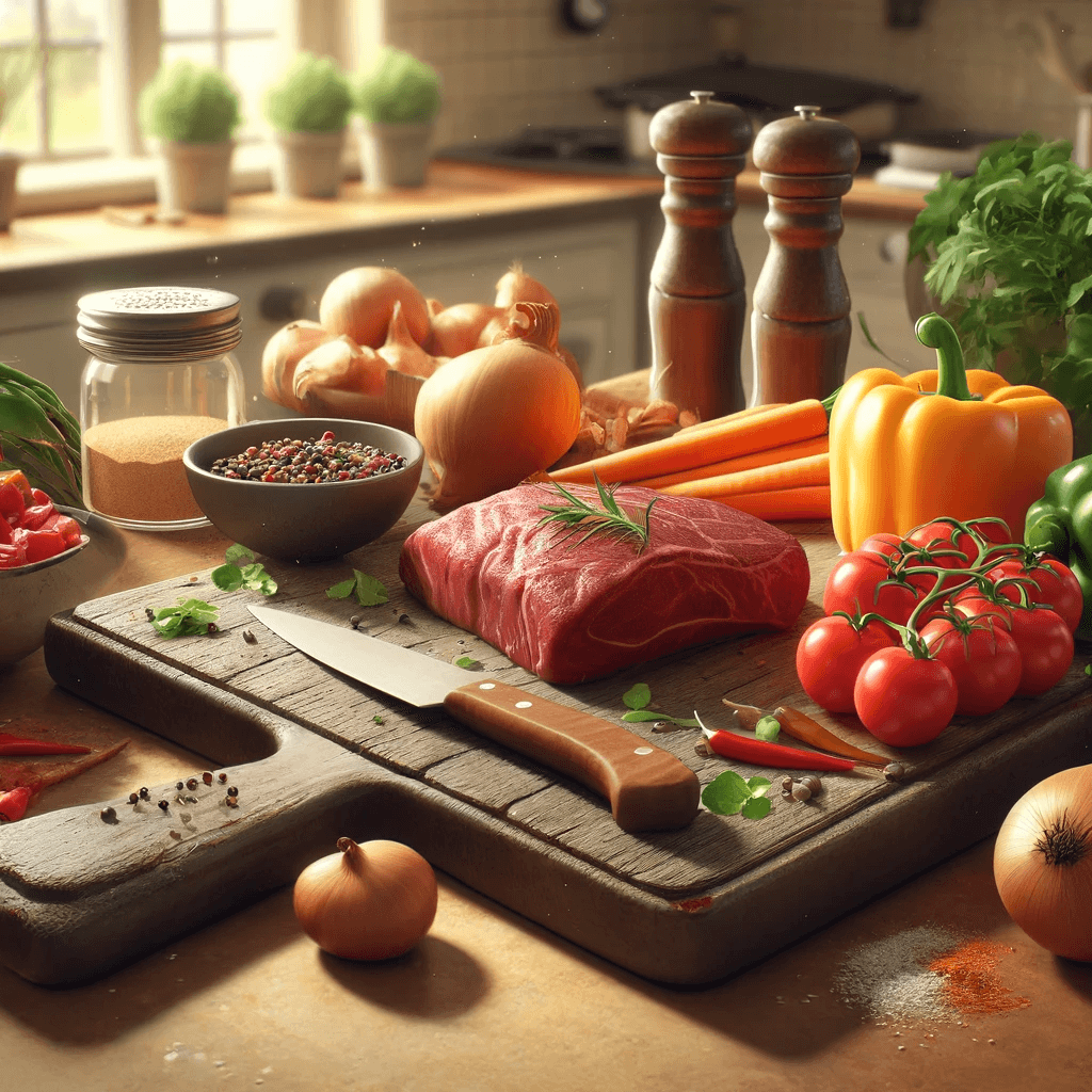 Beef and various vegetables on a cutting board.