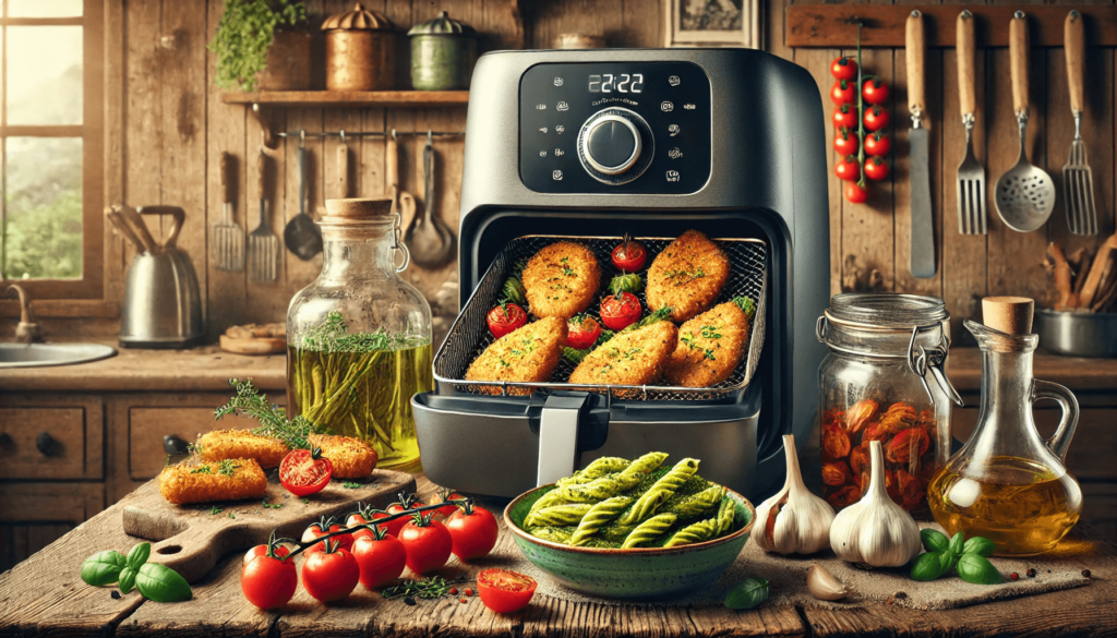 Chicken cutlets cooking in an air fryer.