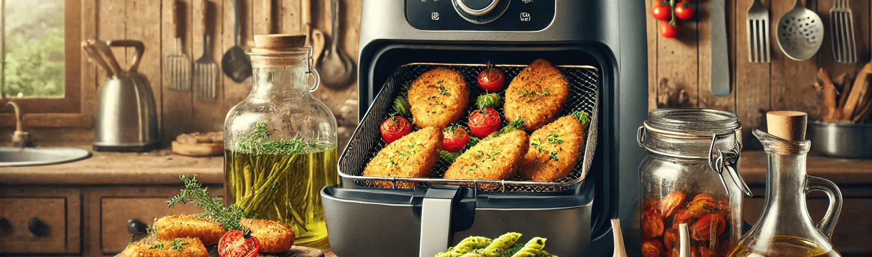 Chicken cutlets cooking in an air fryer.