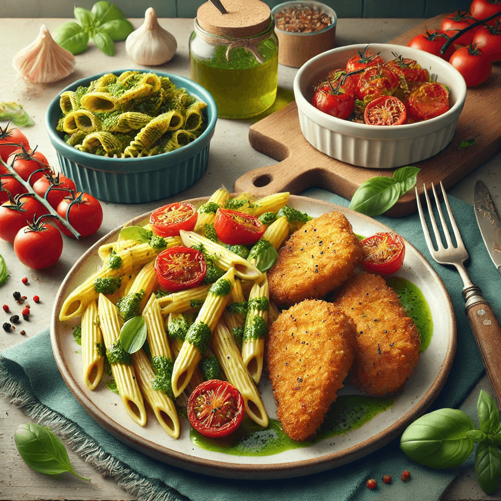 A plate of chicken cutlets with pesto pasta and roasted cherry tomatoes.