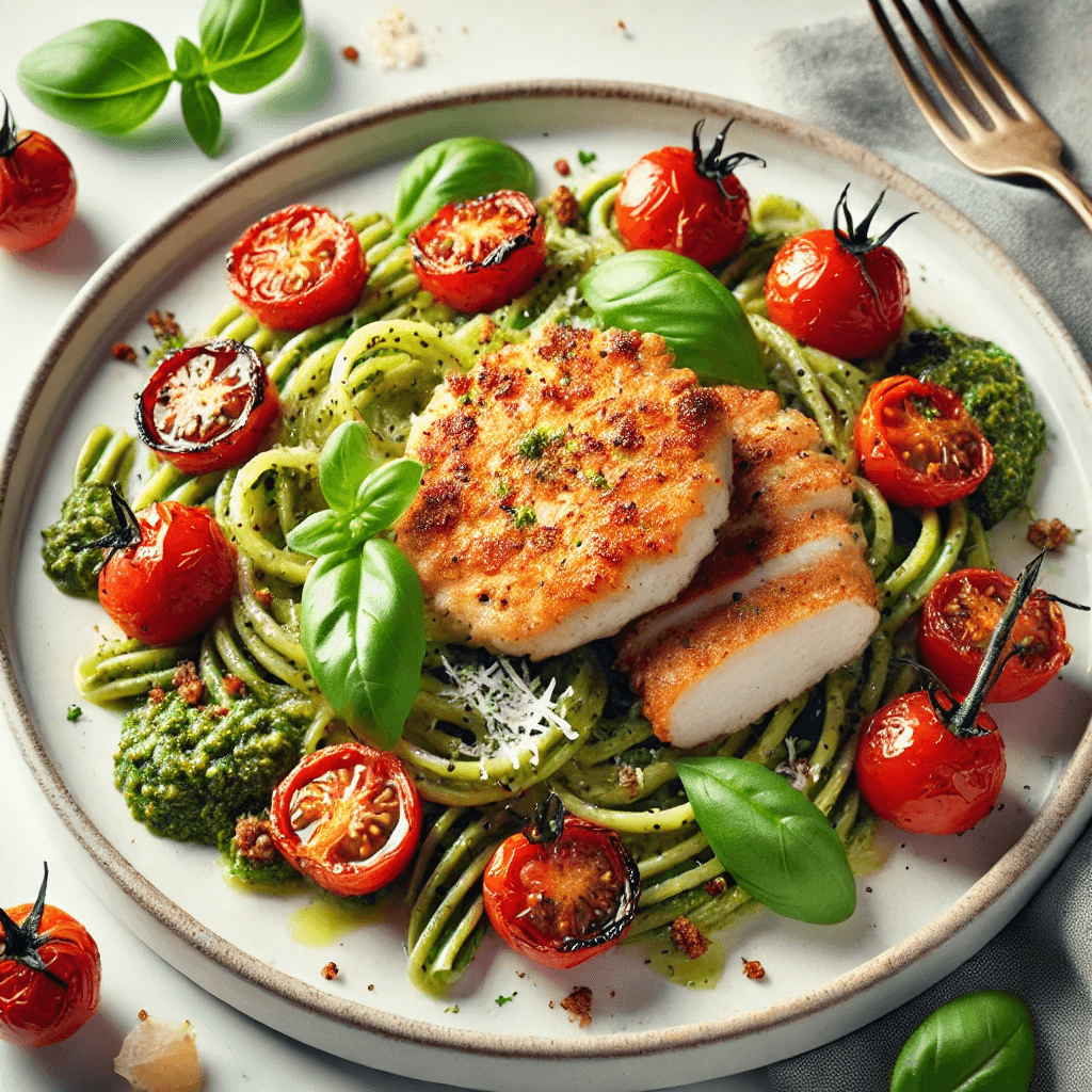 A plate of chicken cutlets with pesto pasta and roasted cherry tomatoes.