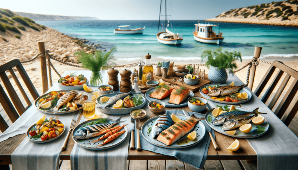 A table on a beach with various cooked fish on it.