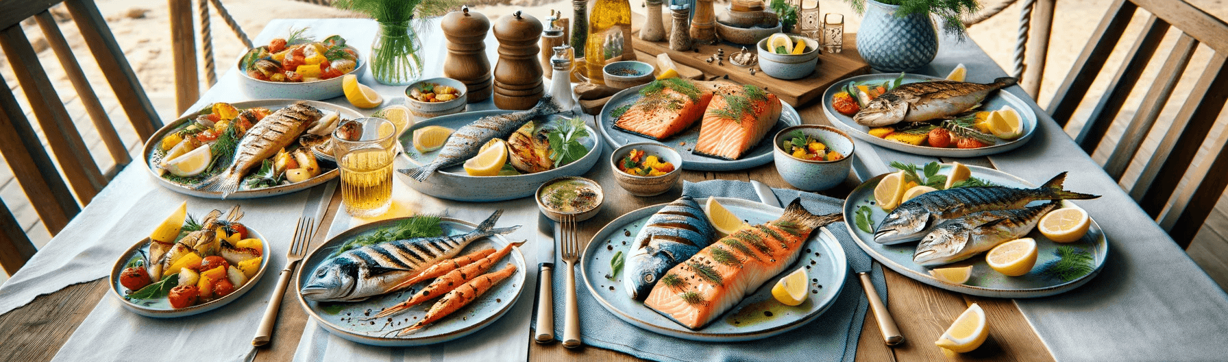 A table on a beach with various cooked fish on it.