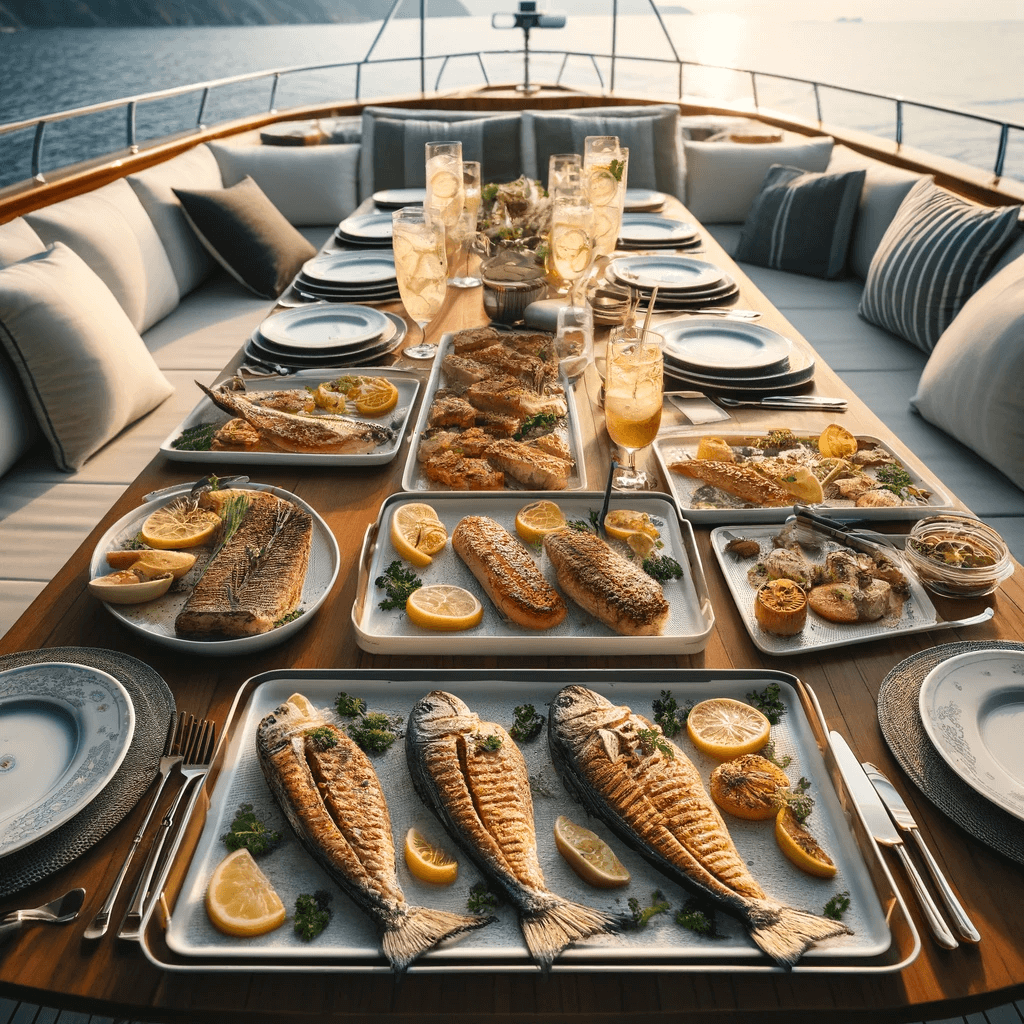 Various cooked fish being served on a yacht.