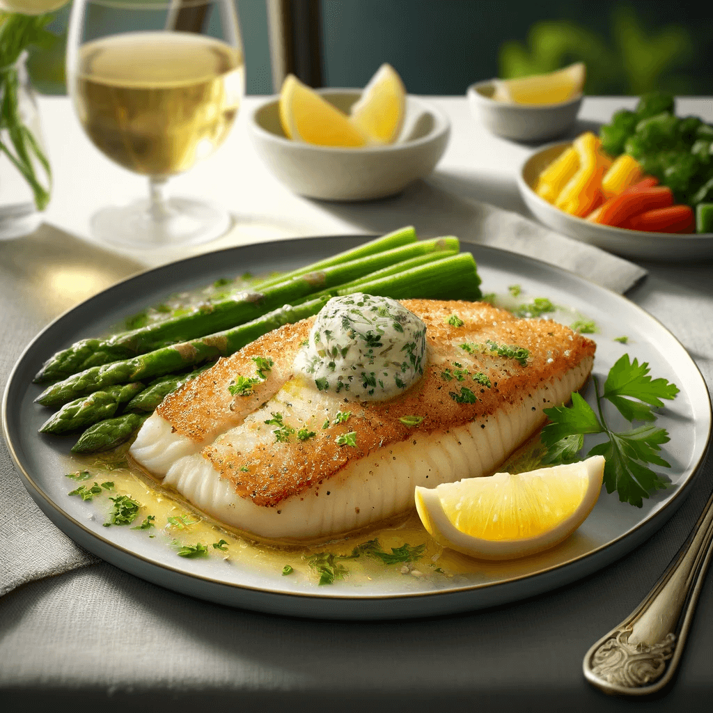 A plate of pan-fried tilapia with herb butter.