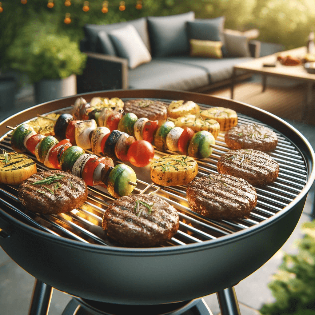 Burgers and shish kebabs cooking on a grill.