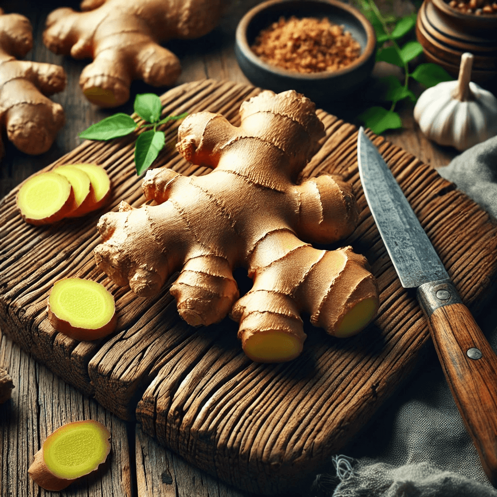 Ginger on a cutting board.