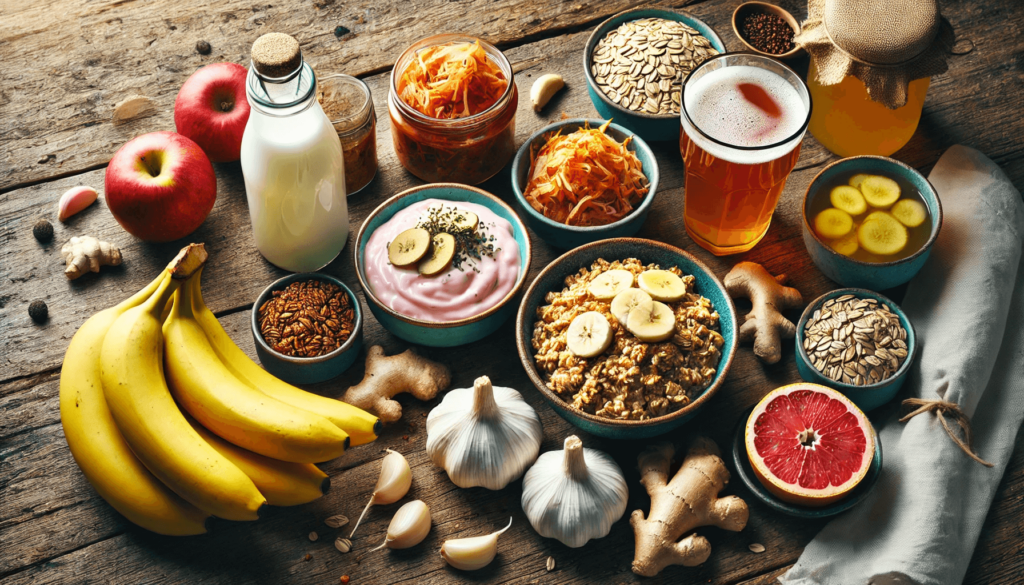 A table with various foods on it, including bananas, kombucha, yogurt, and oats.