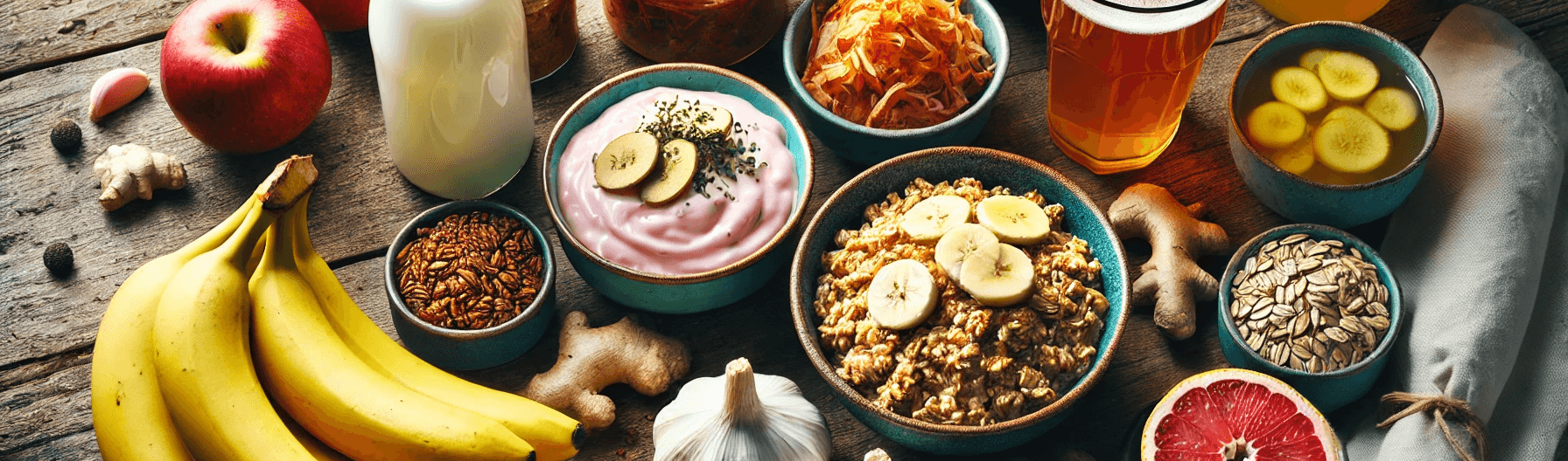 A table with various foods on it, including bananas, kombucha, yogurt, and oats.