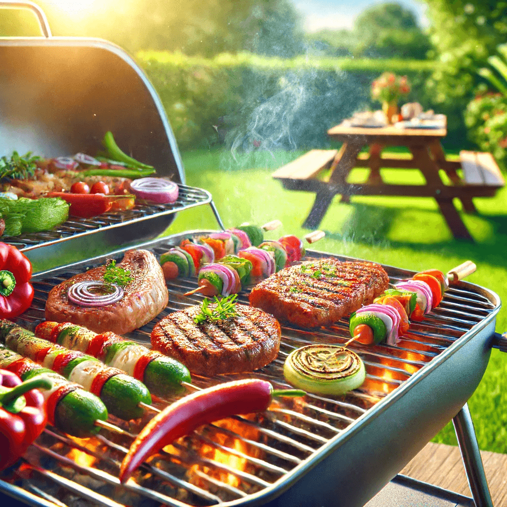 Various foods grilling on a BBQ.