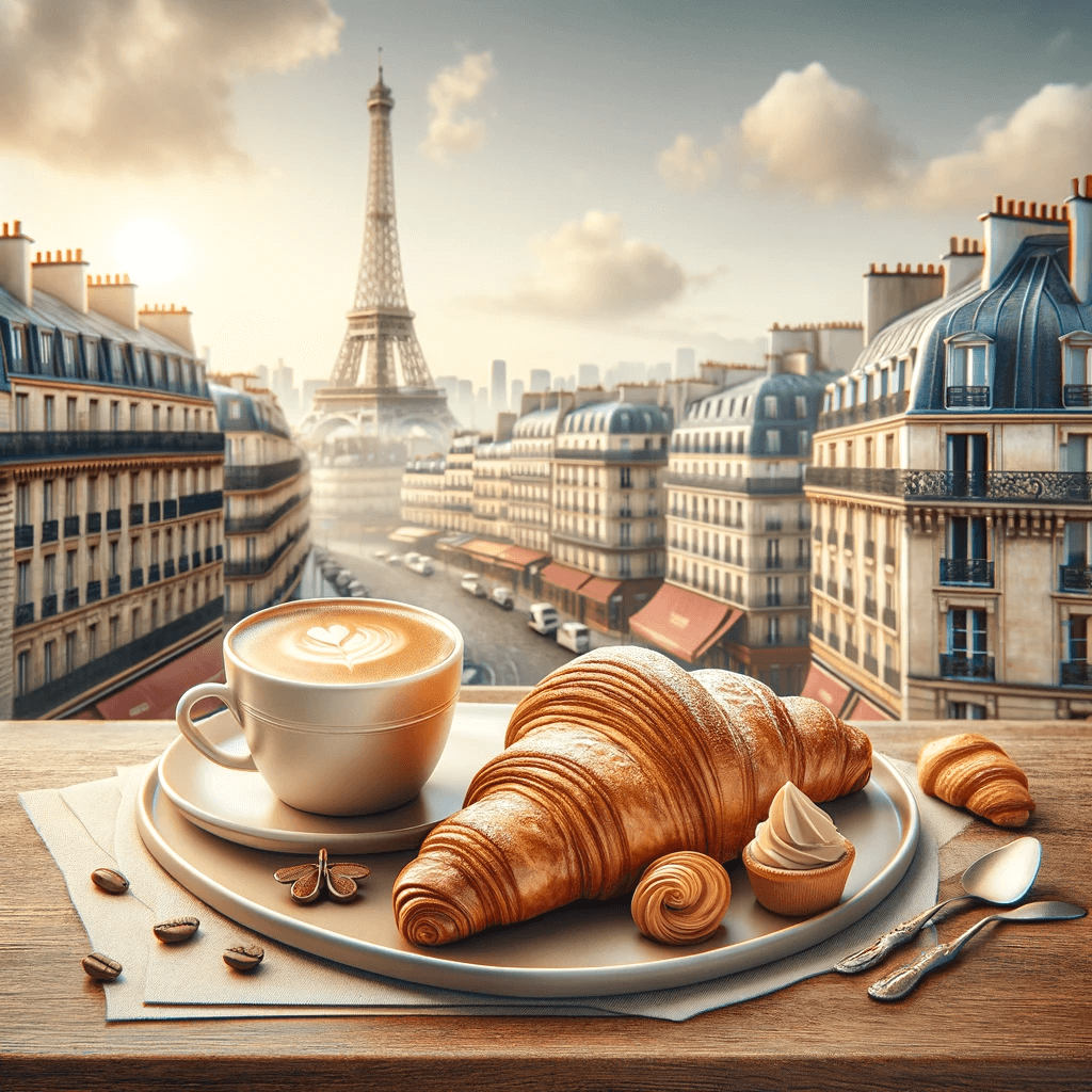 A French croissant and a cup of café au lait.