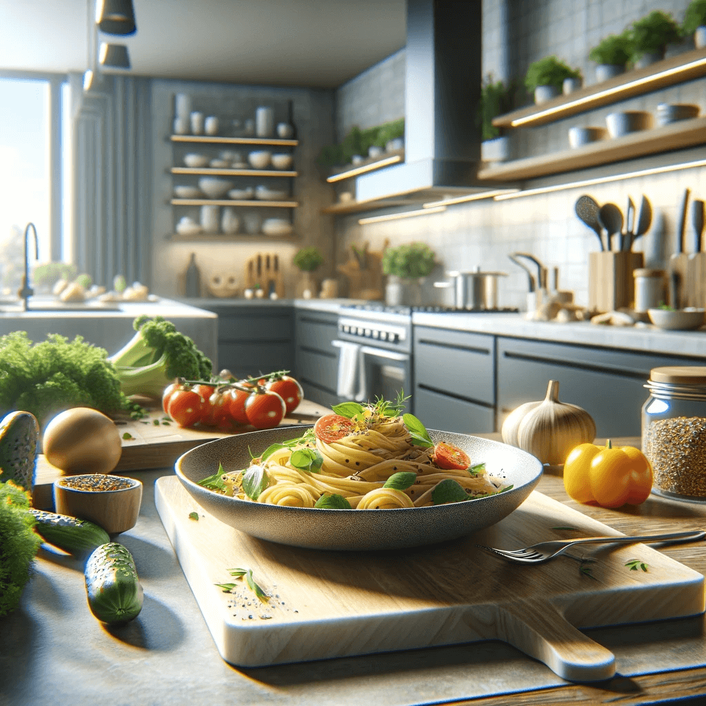 A plate of pasta on a kitchen counter.