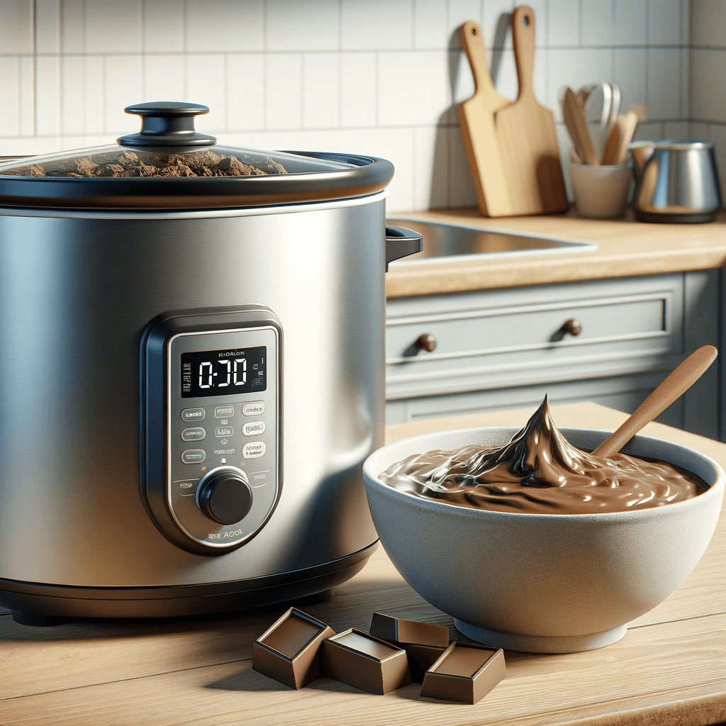 A slow cooker with ingredients for a lava cake sitting in front of it.