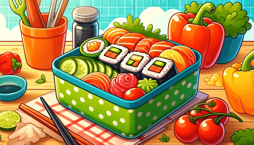 An illustration of a bento box with sushi and vegetables.