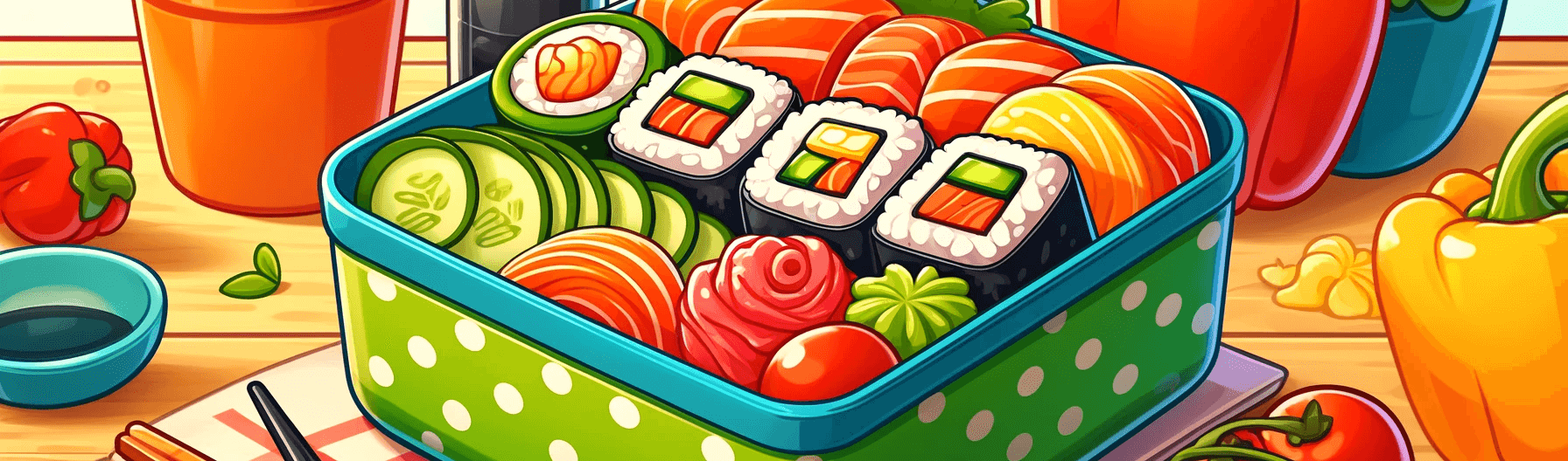 An illustration of a bento box with sushi and vegetables.