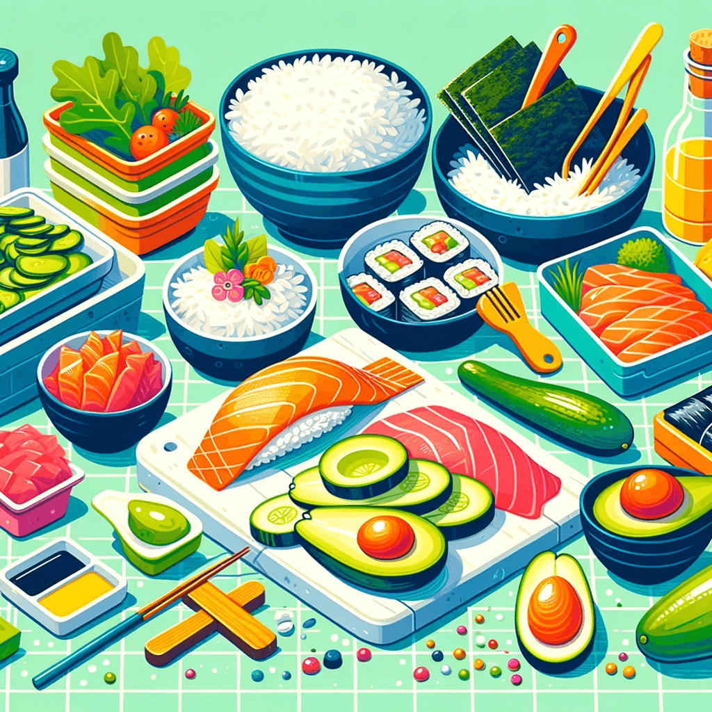 An illustration of various ingredients used to make bento boxes.