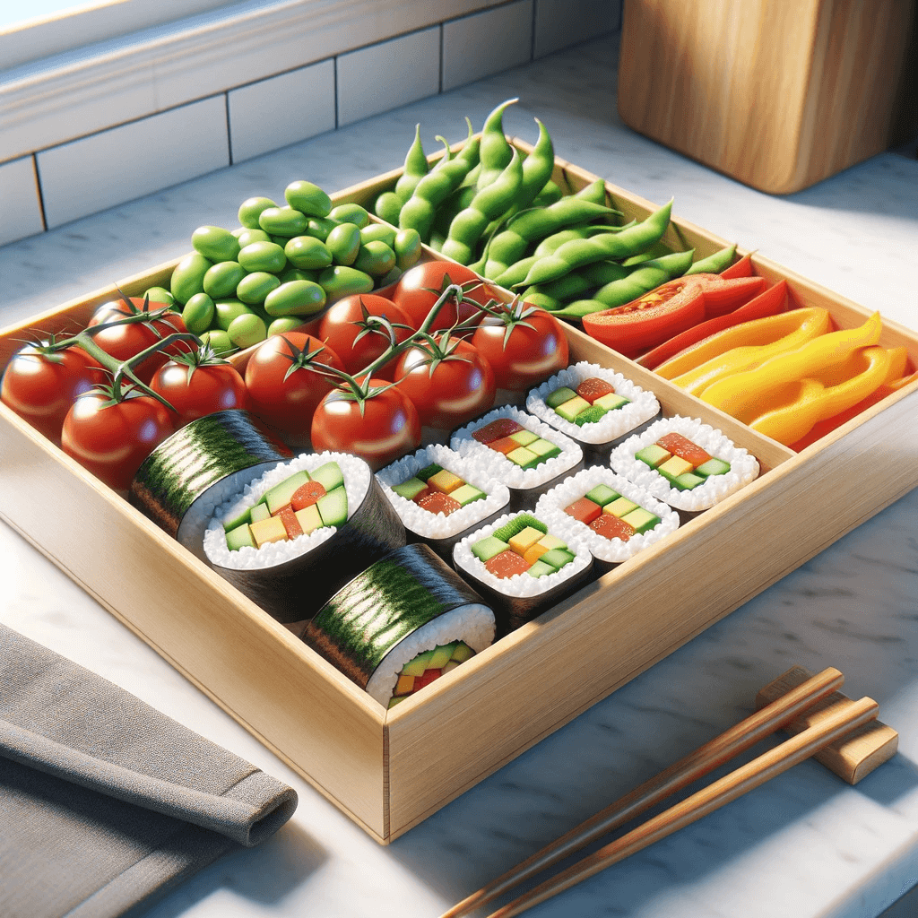 A bento box with sushi and vegetables.