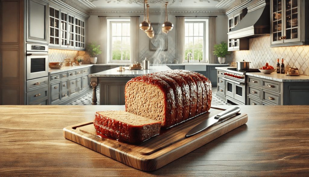 Meatloaf being sliced in a kitchen.