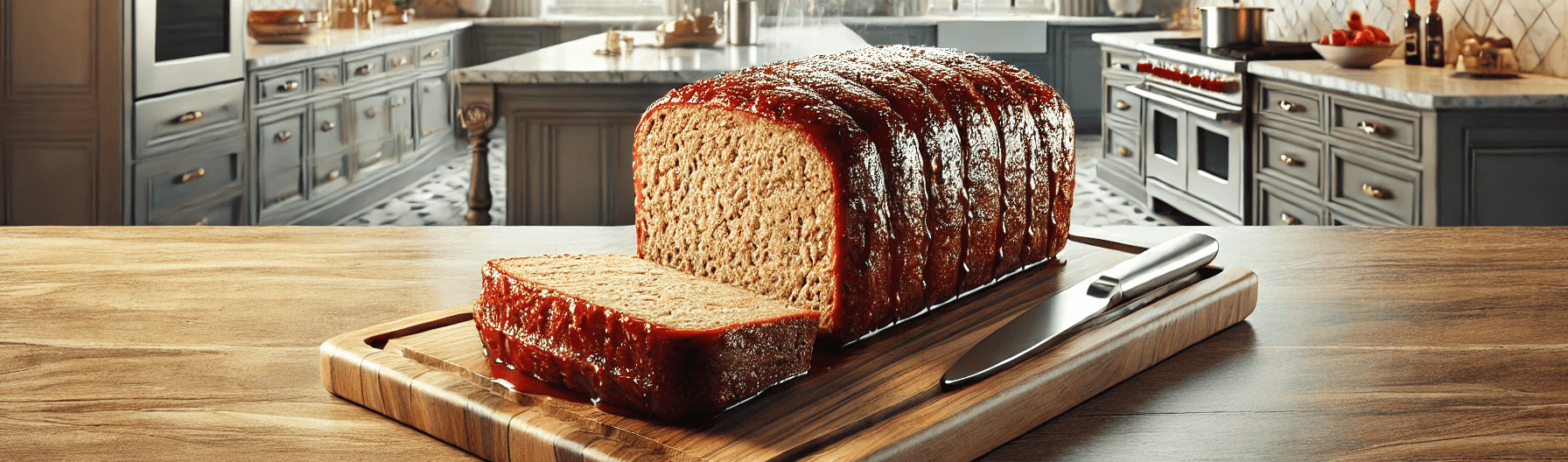 Meatloaf being sliced in a kitchen.