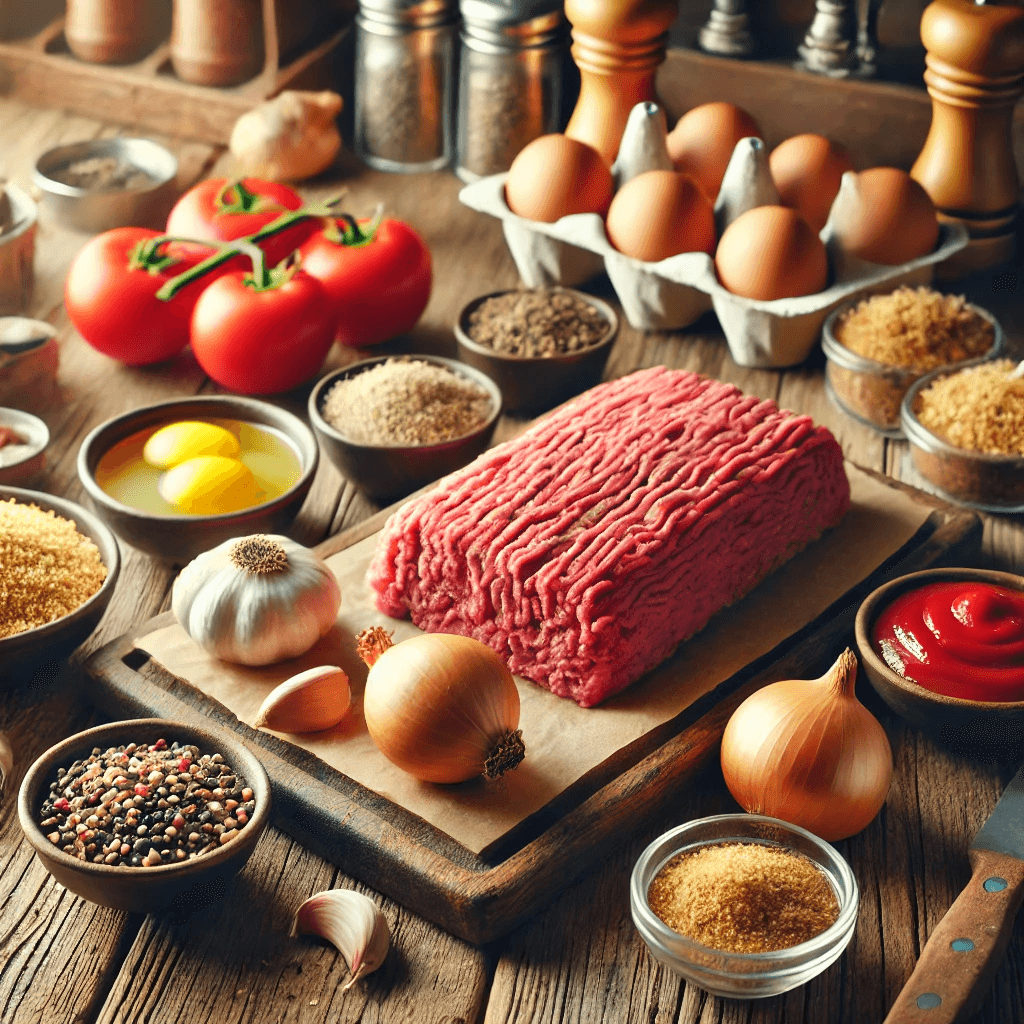 The ingredients used to make meatloaf, including the ground beef, eggs, onions and garlic.