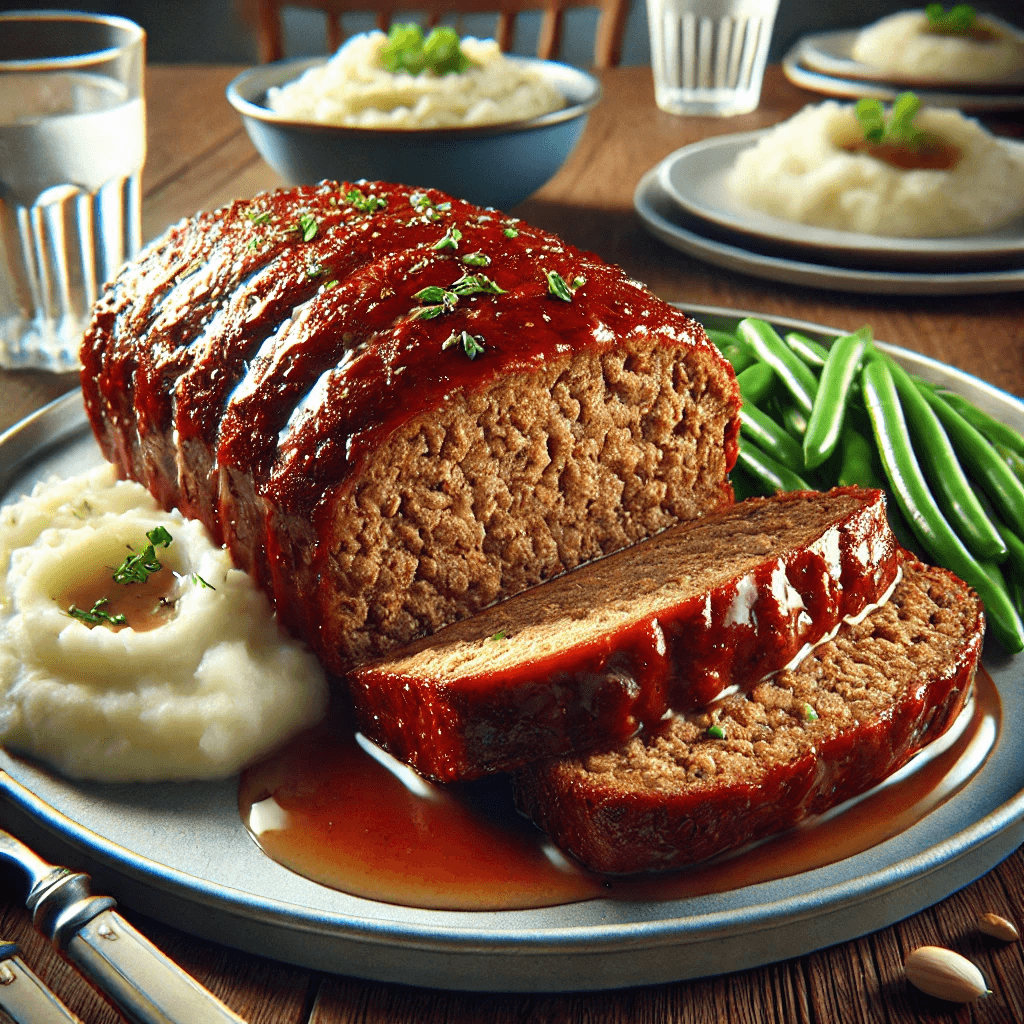 A plate of meatloaf, mashed potatoes and green beans.