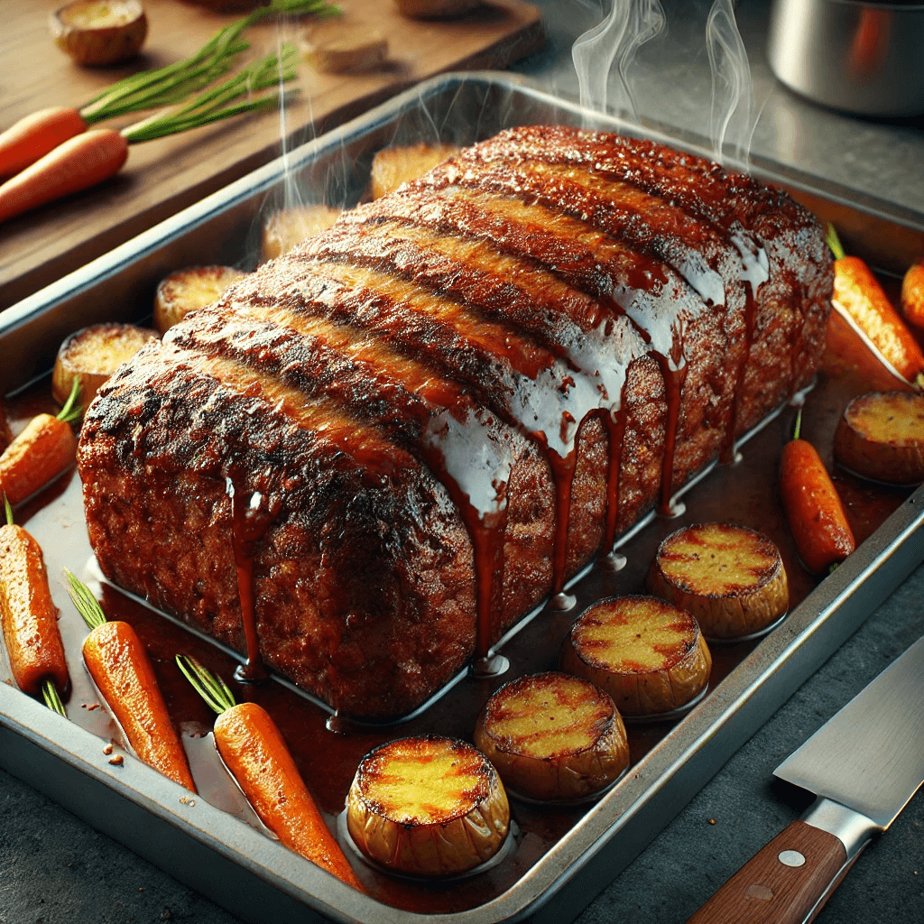 A tray of meatloaf recently pulled from the oven.